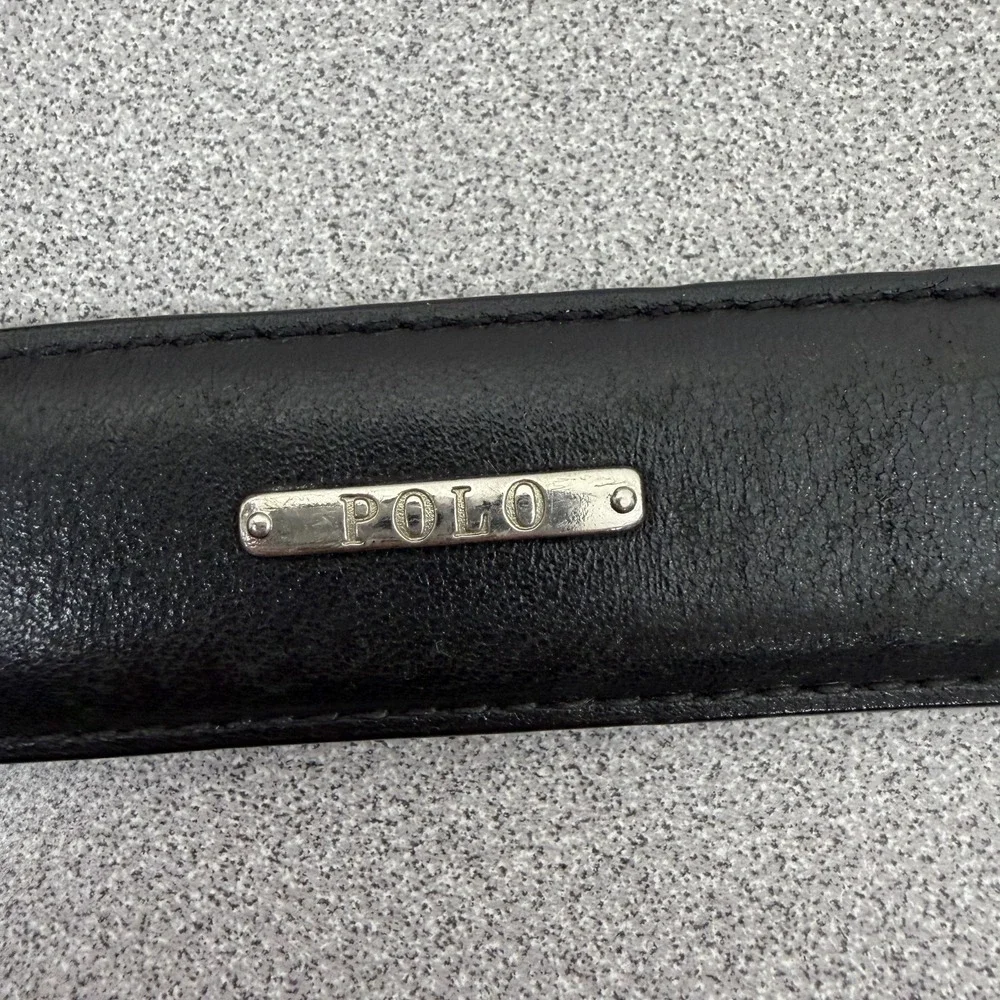 Polo Ralph Lauren Leather Belt 38 Mens Black Silver Buckle Italian Plaque Preppy